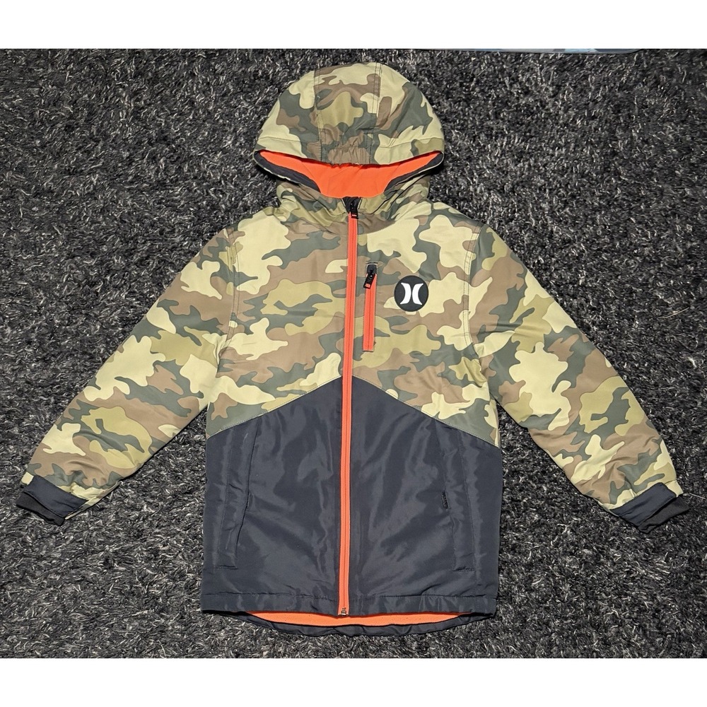 Hurley Green Camouflage Camo Parka Jacket Youth S Green Bright Orange Insulated